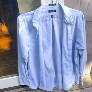 2 shirts, 1 is chaps blue and white pinstripe 16-16.5 34/36 60% cotton 40% poly.